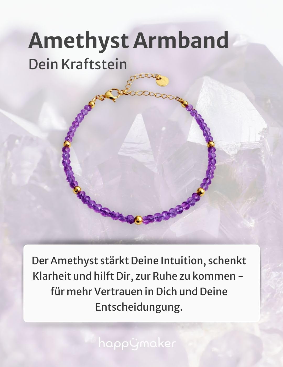 happymaker - Bracciale donna con Ametista, pietra naturale viola, perline e chiusura in acciaio inox placcato oro 18k, pietra di nascita febbraio, fatto a mano in Germania, confezione regalo