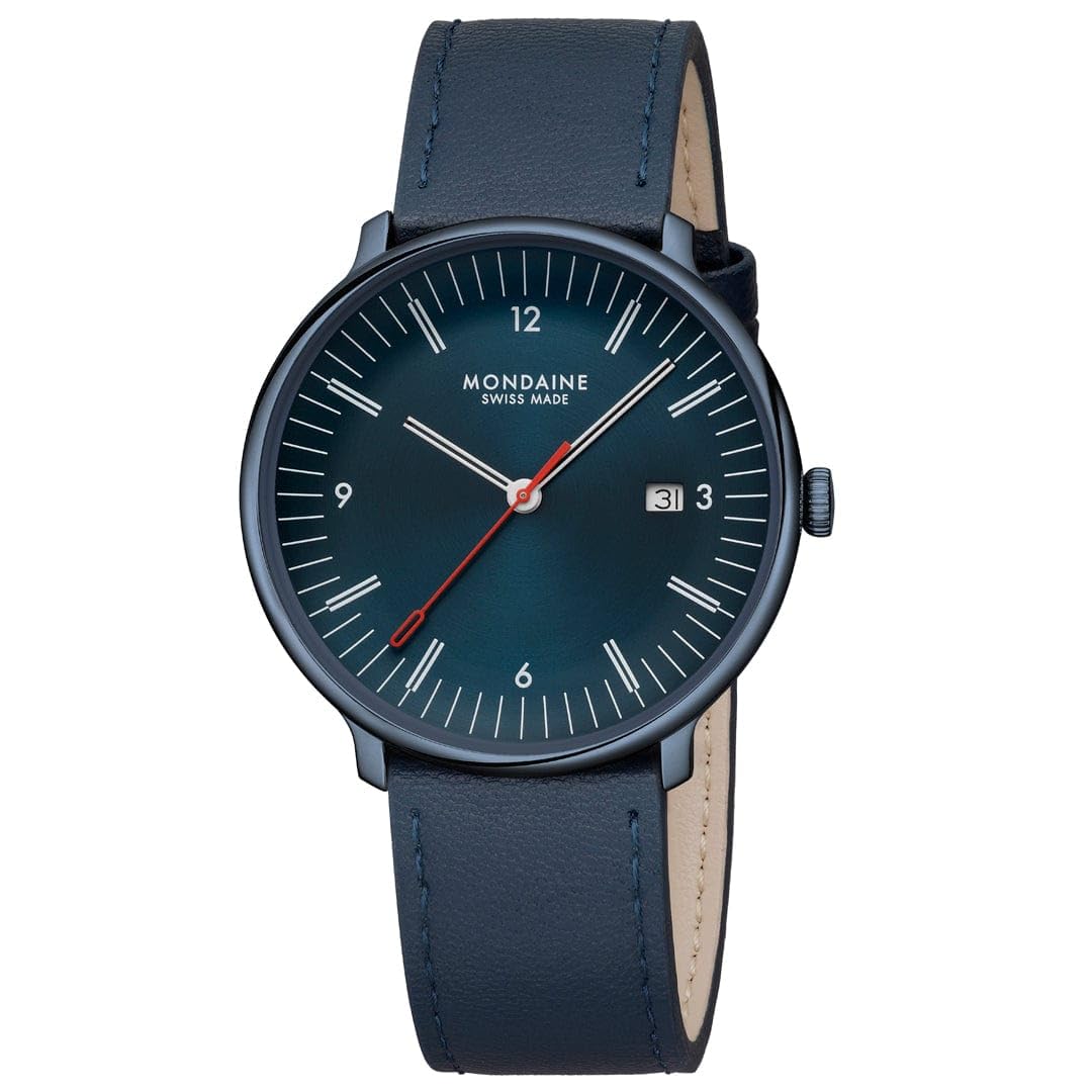 Mondaine Doppio zegarek męski 41 mm – szwajcarski mechanizm kwarcowy, niebieski cyferblat, szkło szafirowe, wodoszczelny, stal nierdzewna z recyklingu, wegańska bransoletka ze skóry jabłkowej