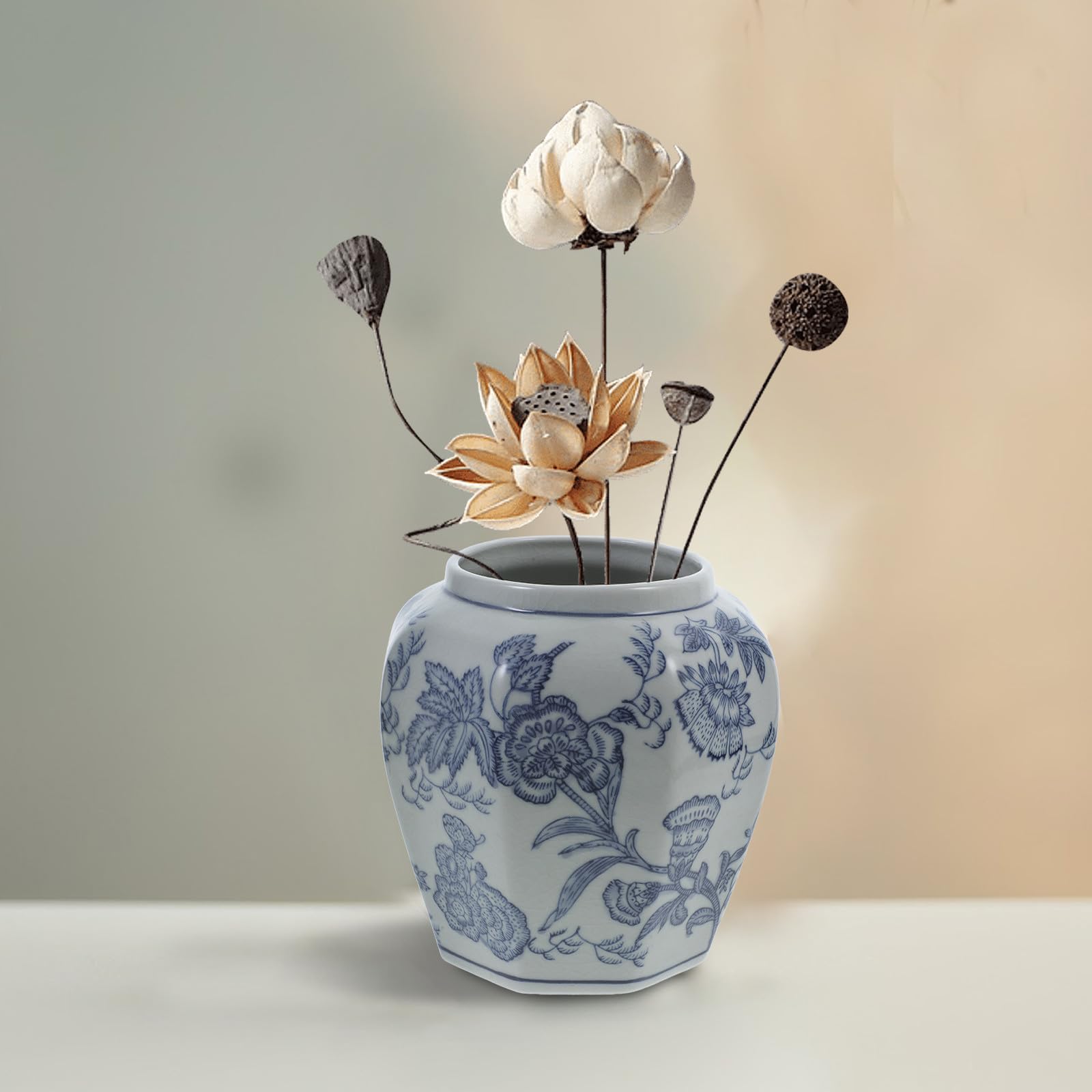 DOITOOL Jarrón Floral de Cerámica Azul Estilo Chino Diseño Delicado y Tacto Agradable para Decoración en Hogares y Entradas
