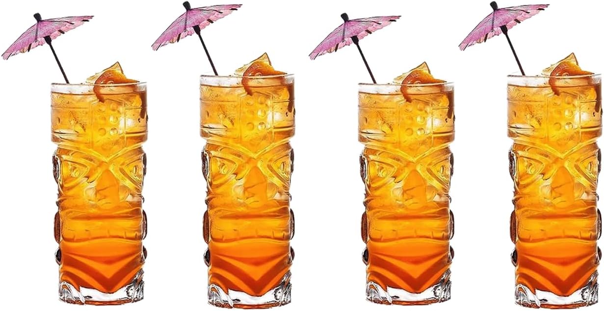 Tiki Glasses 13 oz. Smiling Totem Texture, 4 Pieces, Clear, Tropical Style Novelty Glasses, Hawaii Bar Style, Modern Bar Party Set With Picks (Smiling Totem 13 oz)