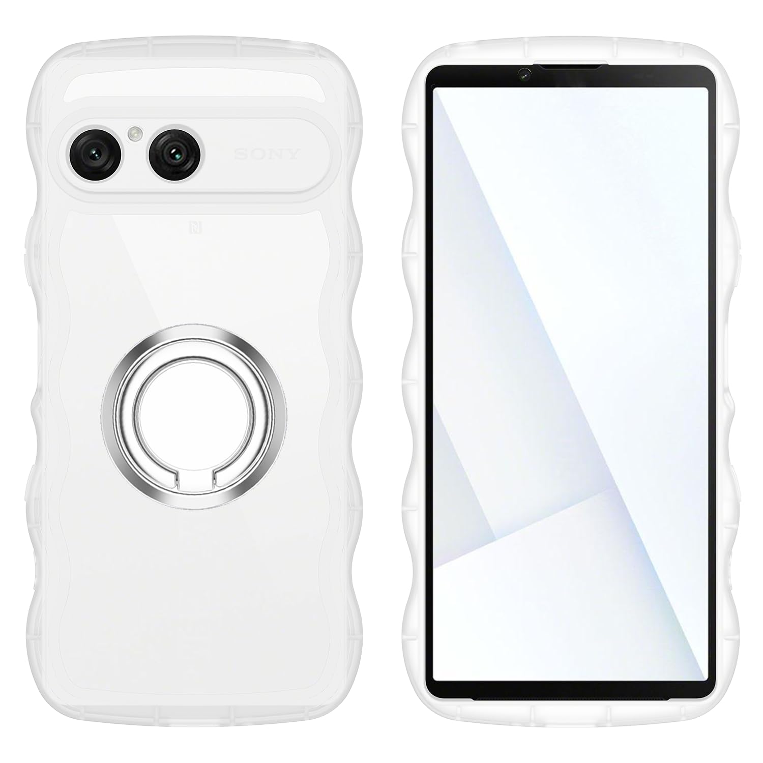 Xperial 10 VII用 ケースクリア リングスタンド付き エクスペリア 10 VII 2025 ウェーブ マグセフ 可愛いソフトTPU レンズ保護 角保護強化 衝撃吸収 超軽量 極薄 透明 滑り止め かわいいうねうね 韓国 人気 ストラップホール付きなみなみ カバー・クリア