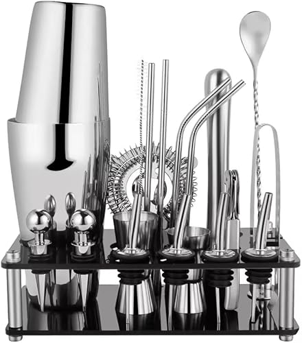 Kit de mezcla de cóctel de barman, juego de bar plateado, herramientas de barra profesionales con abridor de botellas y coctelera