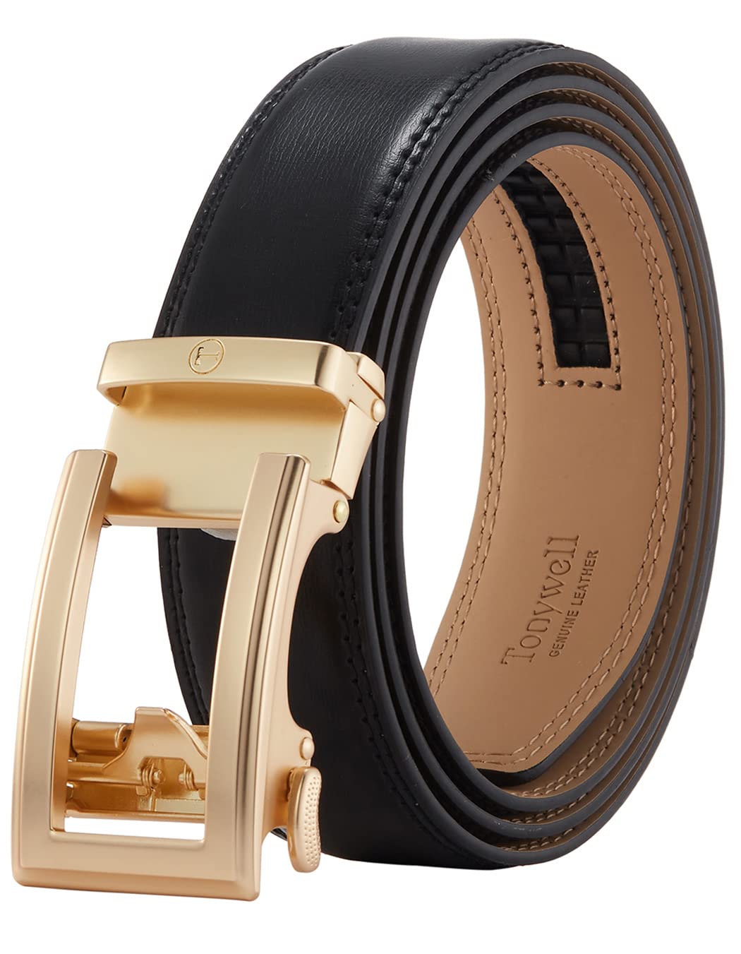 Tonywell Men's Black Belt Gold Buckle Ratchet Belts For Belt 32" To 45" Waist Adjustable, 1 3/8" Wide Genuine Leather, 32"-45" Waist