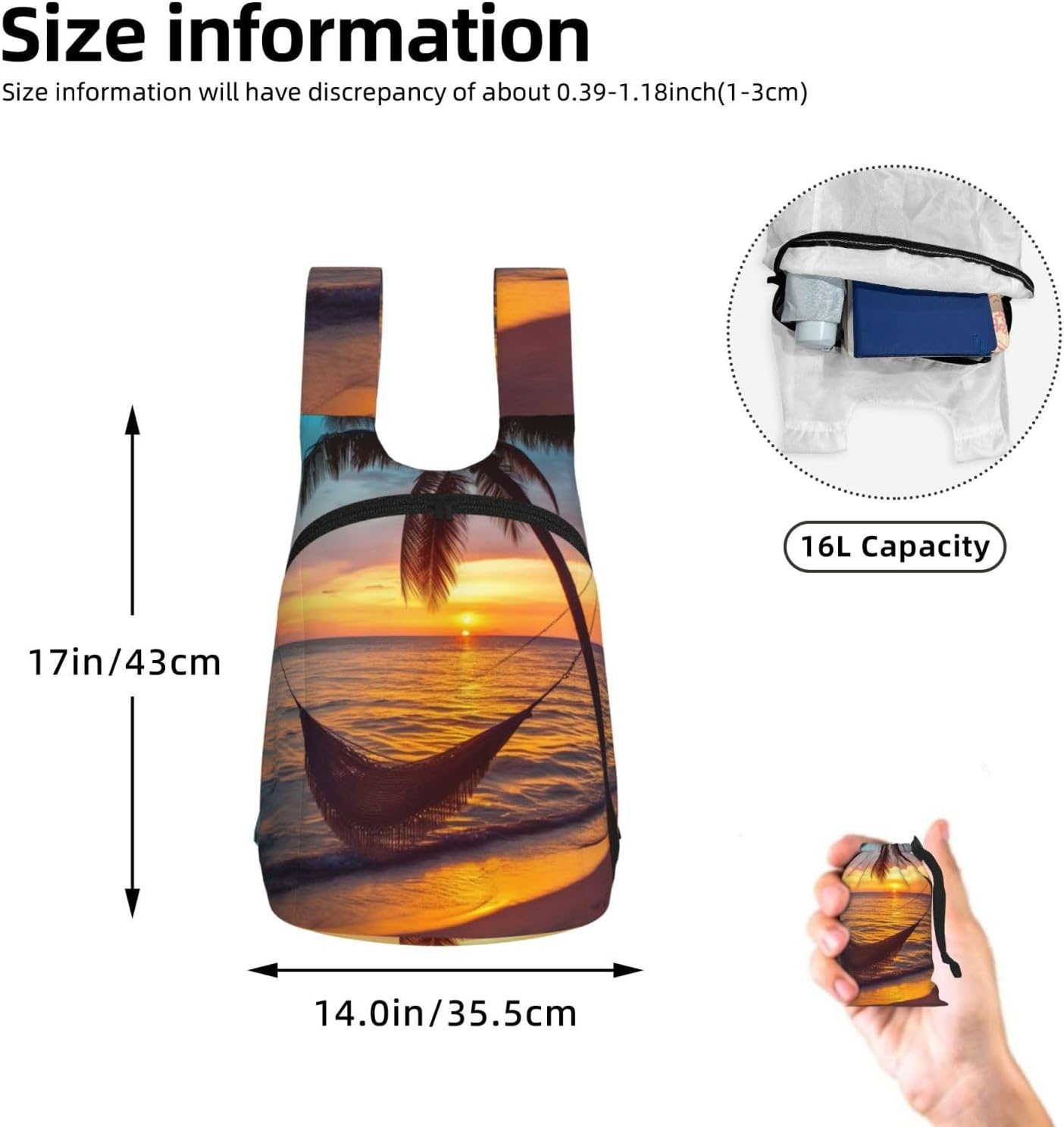 Coconut Beach Sunset Hammock Backpack - Lightweight 16L Foldable Hiking Daypack Packable Back Pack Travel Bag Zipper image 3