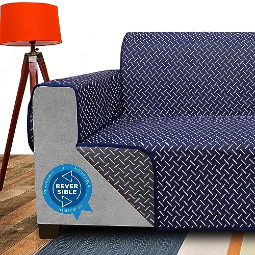 Image of DREAM KING 3 Layers 300 GSM Waterproof Reversible Sofa Cover 2 Seater with Pockets | Dust Protective Soft Fabric Sofa Seat Cover Navy Blue & Grey