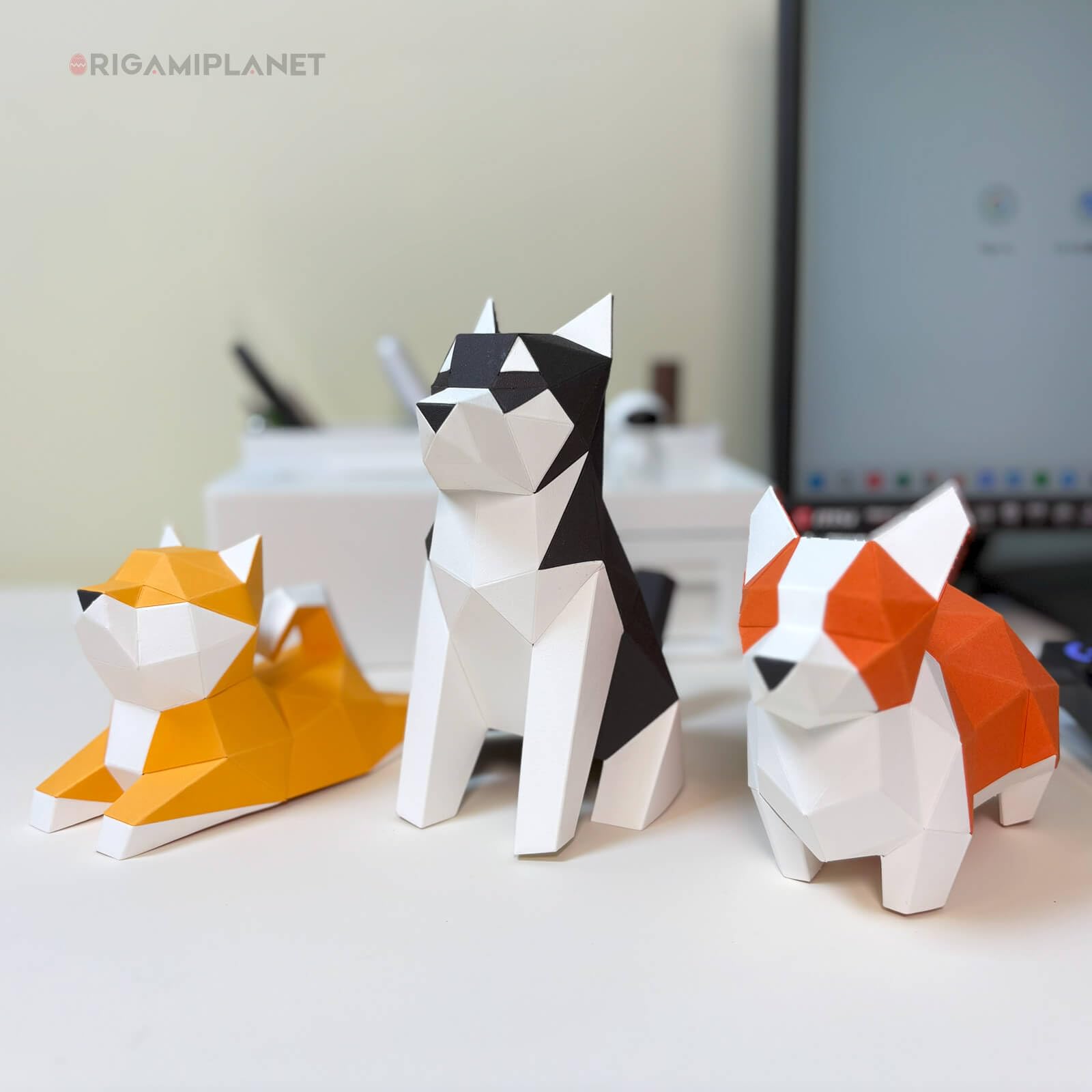 ORIGAMIPLANET Hello Puppies Zestaw upominkowy 3D do origami, 3 szt., Husky/Corgi/Shiba Inu, wstępnie wycięte origami, urocze zwierzę, papierowa rzeźba dla nastolatków i dorosłych, dekoracja domu, DIY