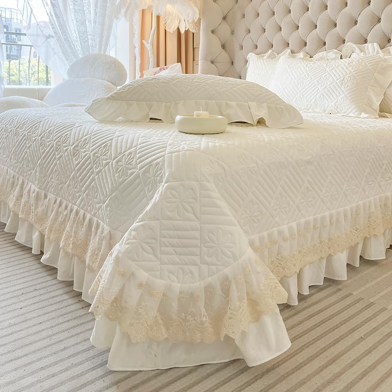 Copriletto trapuntato e 2 federe con volant in fibra di cotone lavato, 245 x 250 cm, Beige