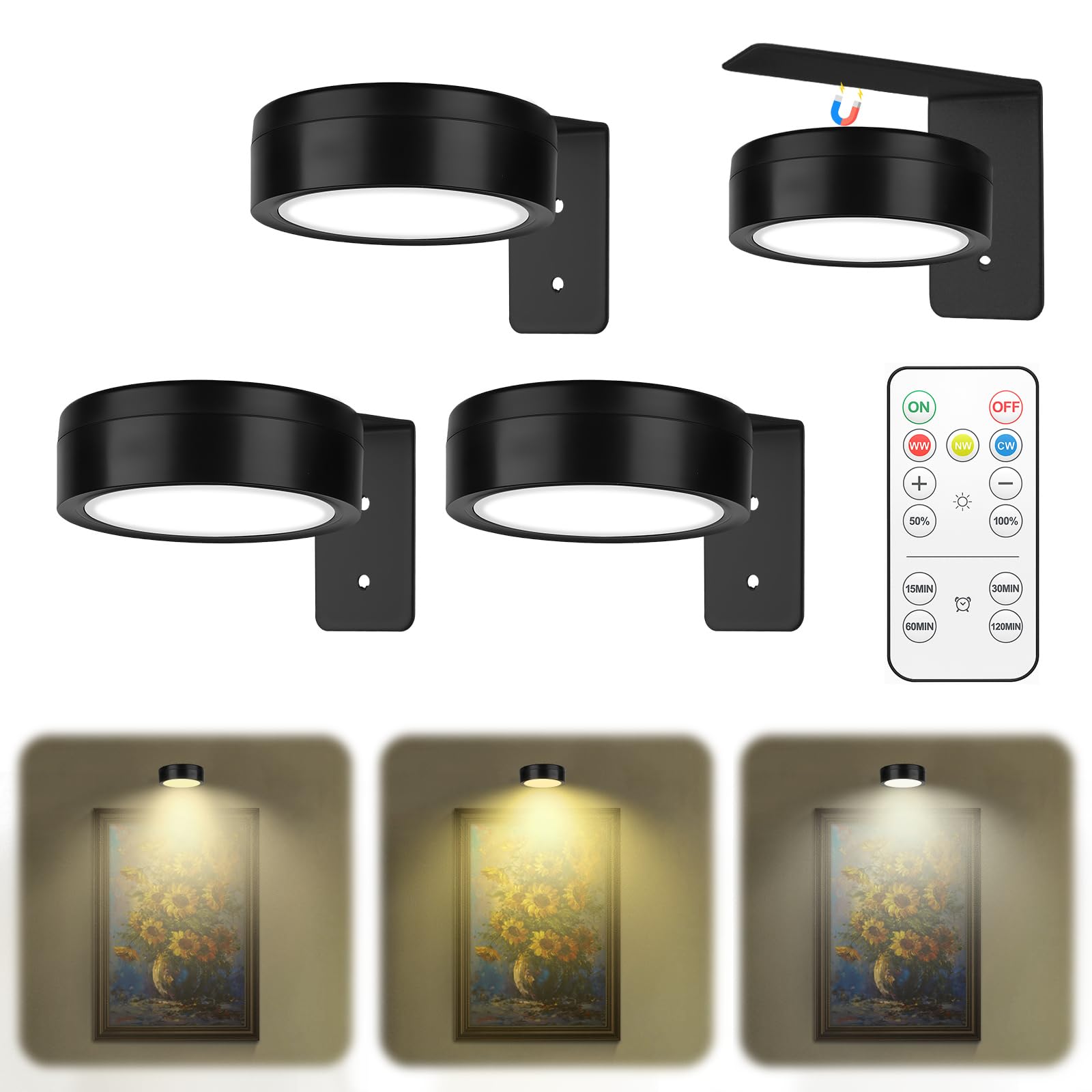3Pcs Magnetic Picture Lights - 3 Light Temperatures, Adjustable Brightness, with Remote Controls, Battery Operated Painting Light, LED Wireless Wall Lamp for Display Art Paintings and Poster(Black) — image 1