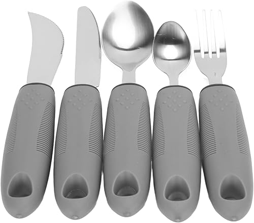 Miniatura 8 de Juego de utensilios adaptables para ancianos, 5 utensilios de acero inoxidable con mango de goma, utensilios con peso imédicos, utensilios con peso