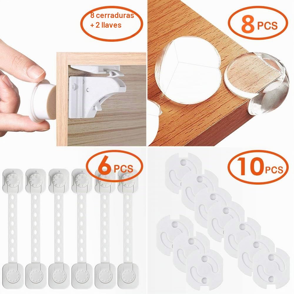 36 PCS Kit de Seguridad para Bebés 8PCS Cerradura Magnética y 2PCS Key 12PCS Protectores Esquinas 10PCS Tapa de Enchufe 8 PCS Cierre Seguridad (Kit)