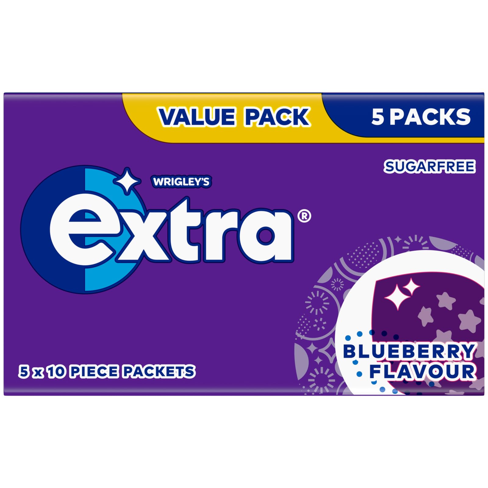 Wrigley's Extra Chewing Gum, Blueberry Flavour, 5 Packs of 10 Pieces, Sugar Free Chewing Gum Multipack with Xylitol (50 pieces)