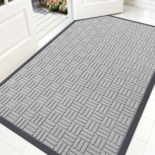 Image of OLANLY Front Door Mat Outside Entrance 59x34, Absorbent, Heavy Duty Sturdy Natural Rubber Doormat Indoor Outdoor, Non-Slip, Stain and Fade Resistant, Low Profile Floor Mat for Entryway, Light Gray