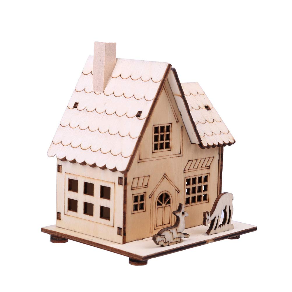 Ipetboom Ornement de Bureau en Bois Beige LED Lumineuse, Petite Maison de Noël Chic et Chaleureuse pour Décoration de Fête Bureau ou Fenêtre