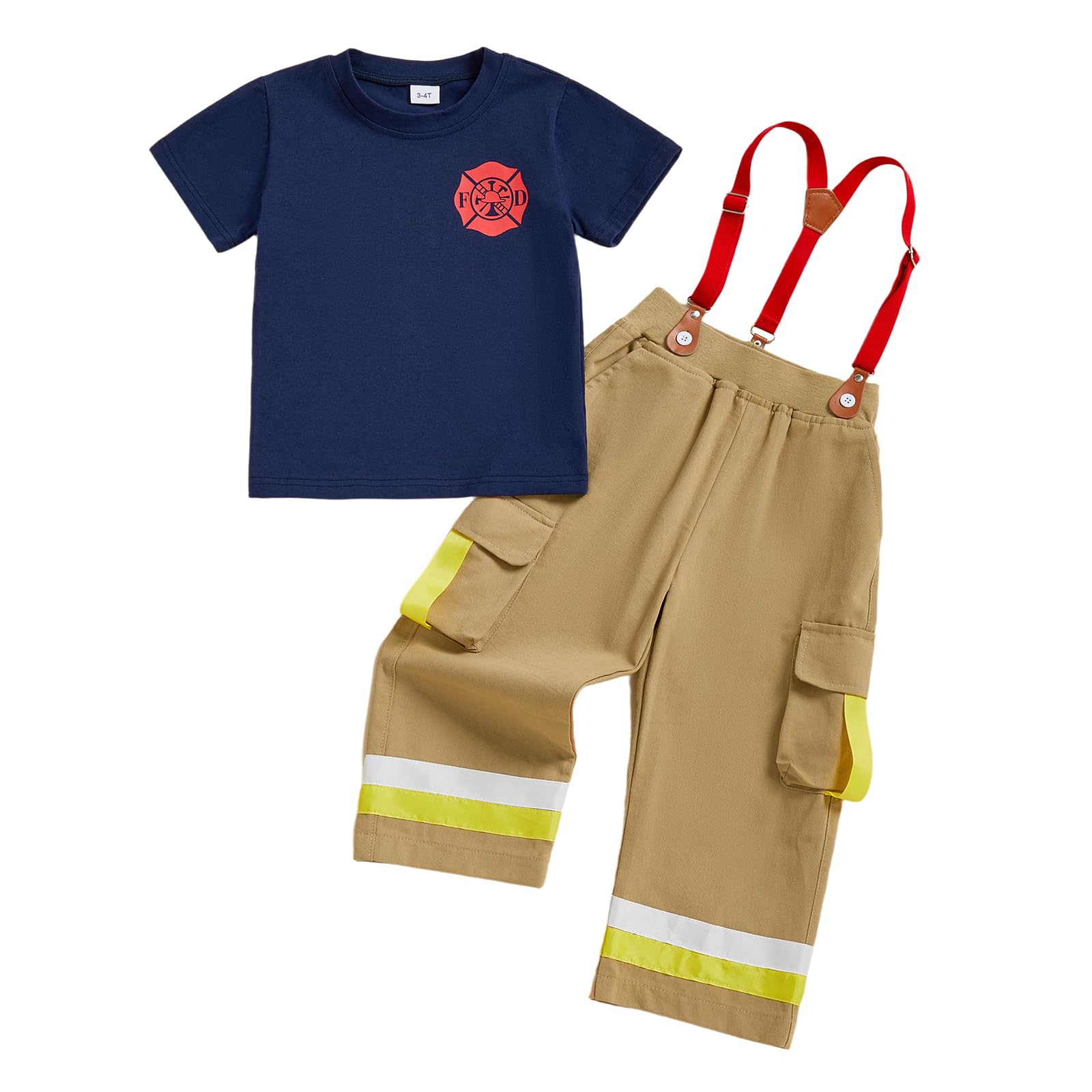 Kids Firefighter Outfit Short Sleeve T-Shirt Suspender Pants Overalls Halloween Birthday Outfits