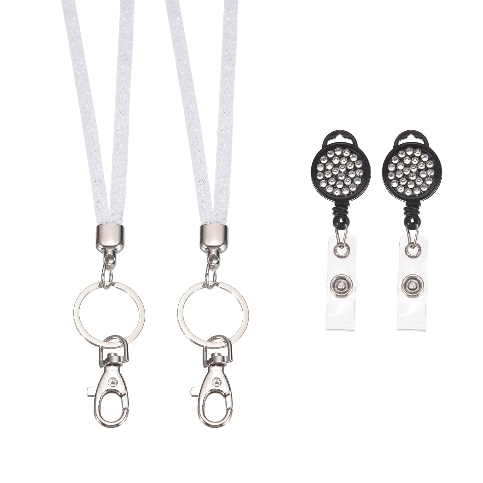 PATIKIL Rhinestones Lanyard for Women, 2 Pcs Sparkly Neck Lanyard Bling Keychain ID Holder with Retractable Badge Reel and Keyring for ID Card, Work Name Card, White