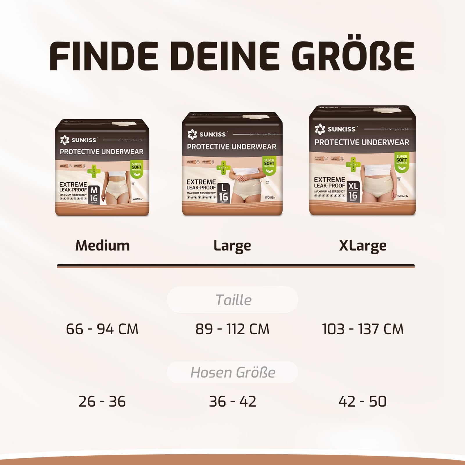 SUNKISS Inkontinenz Pants für Frauen, Windelhosen Erwachsene Frauen Einweg Tagsüber, Inkontinenz Slip Damen, Super Saugfähig, Beige, Größe XL, 32 Stück 1er Pack