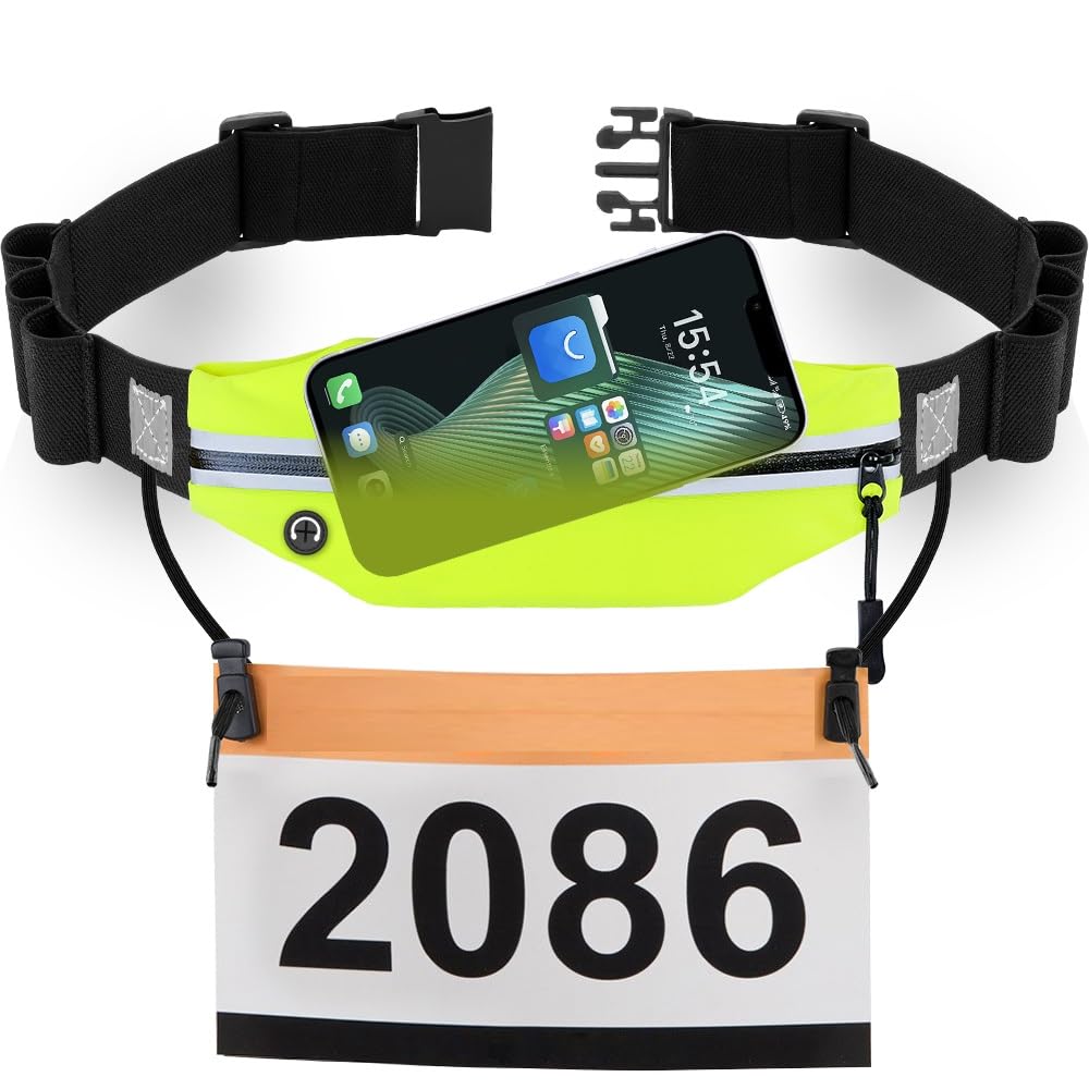 RJ-Sport Running Belt - Waterproof Sports Waist Bag, Triathlon Race Number Strap, Running Belt with Bum Bag & Adjustable Elastic Band & Number Holder & 6 Gel Loops