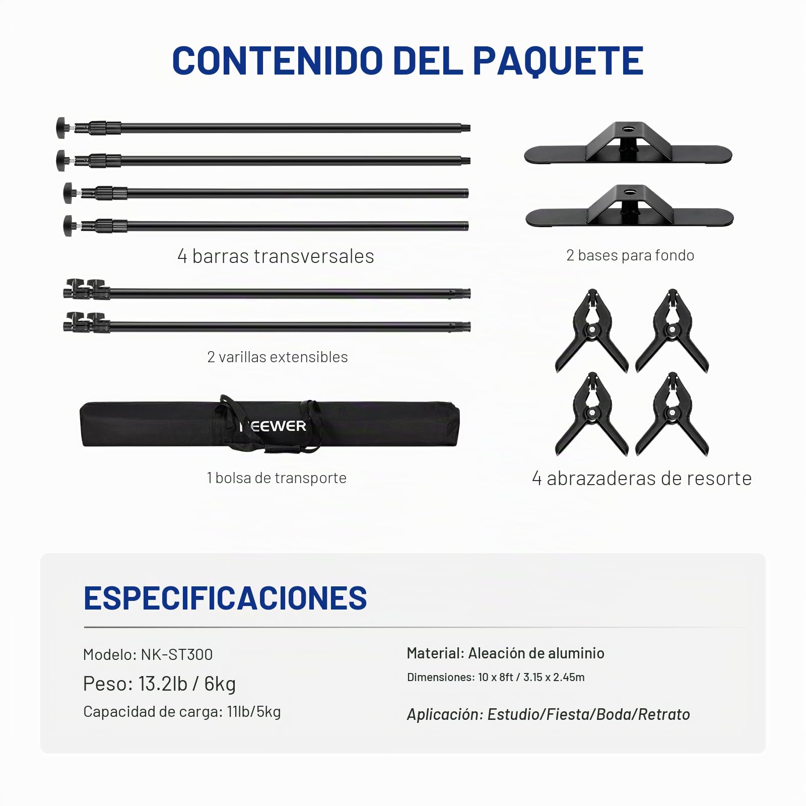 NEEWER Soporte de telón de fondo resistente con bases ampliadas, soporte de fondo de 10 x 8 pies con 4 barras transversales, 2 postes telescópicos, 4 clips de resorte y bolsa de transporte para sesión