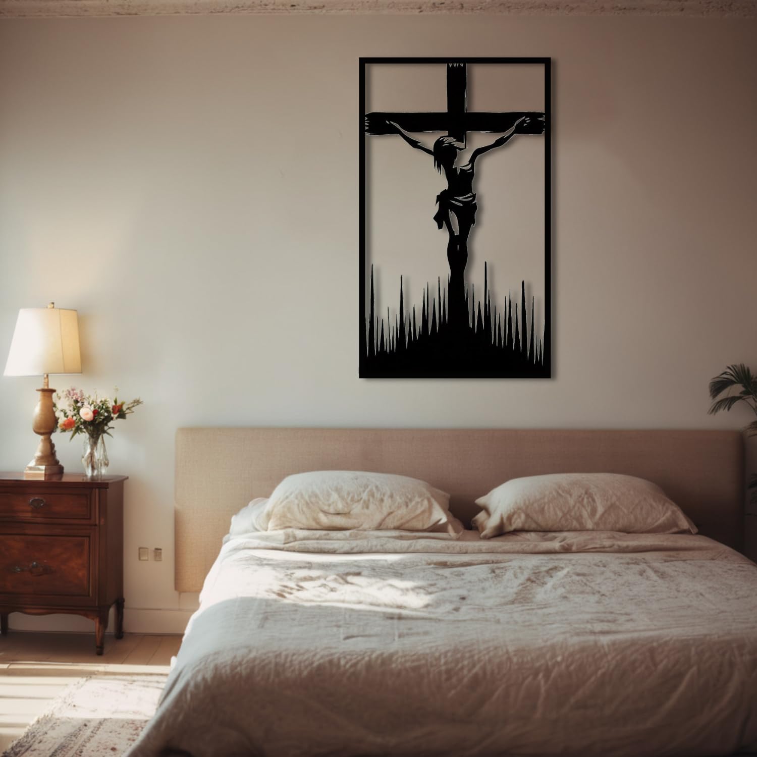 Nowoczesna minimalistyczna sztuka metalowa dekoracja ścienna krzyż Jezus krzyże religijne kościół dom fice chrzest czarny (71 cm x 104.1 cm / 71 104 cm)