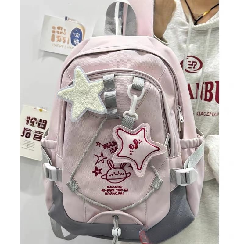 Kawaii Y2K Backpack for Girls Boys Teen Middle School Daypack for Travel Casual Bookbag with Cute Pendant (Pink)2