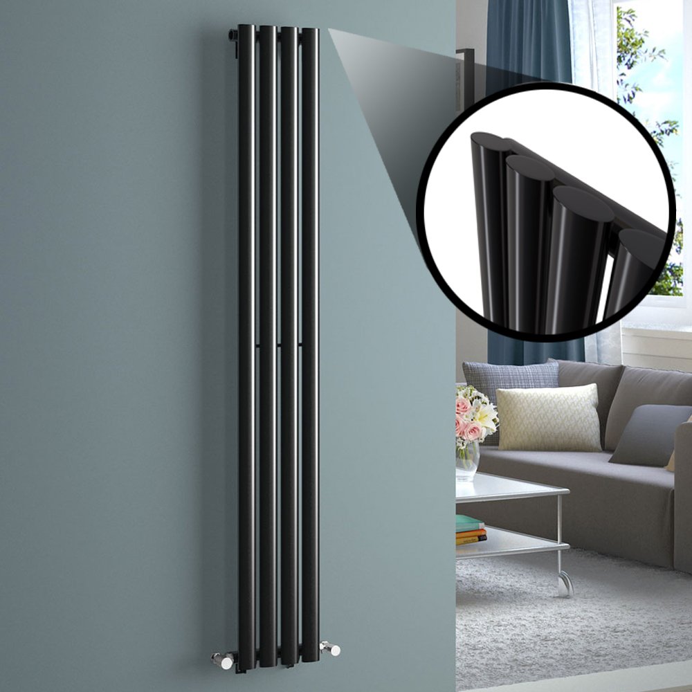 iBathUK | 1600 x 240 mm Designer Vertical Column Radiator Black Oval Single Panel