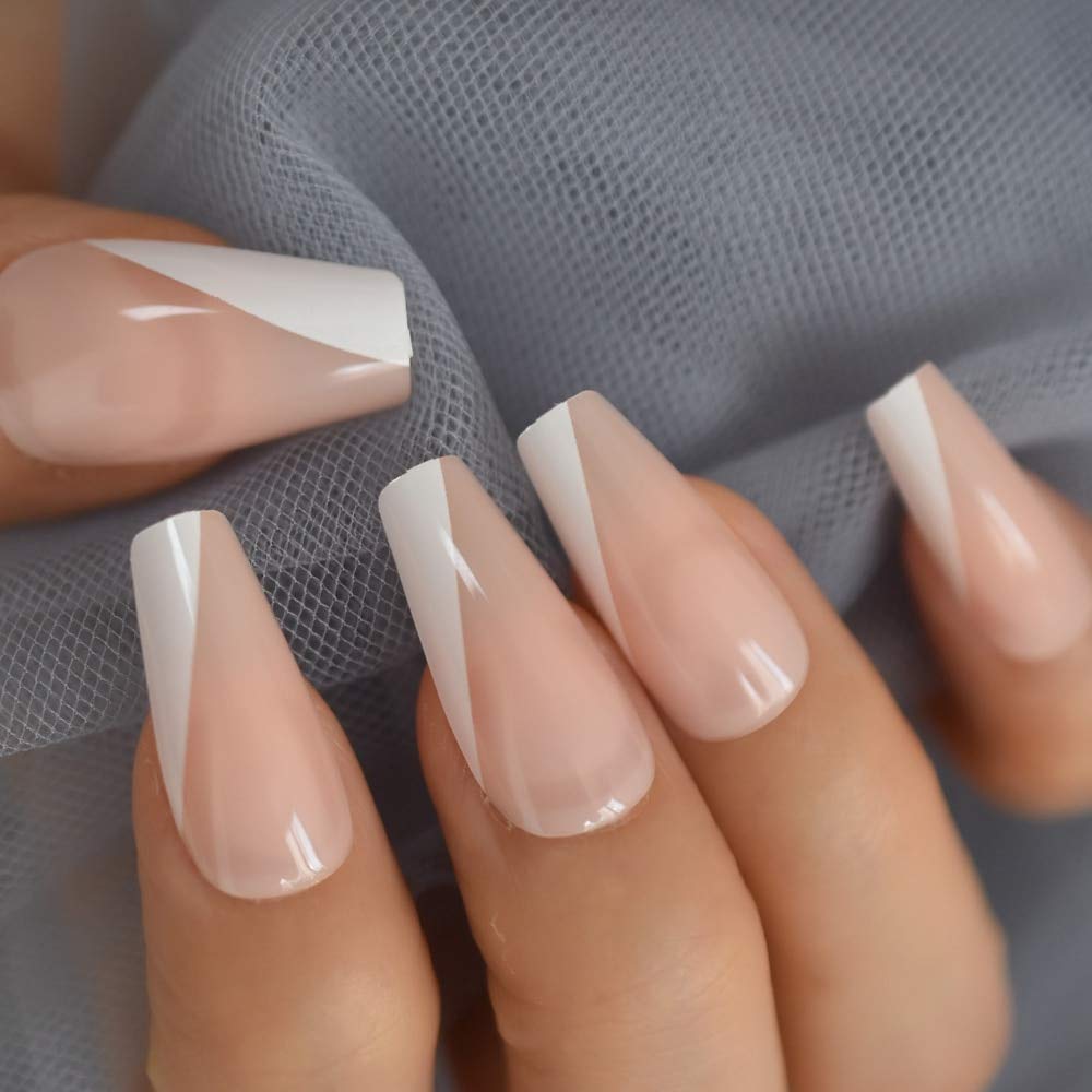 Amazon.com: French Angled Tapered Medium Coffin Press On Nails White Tips  Fake Fingernails False 24 Pc Nail Set Kit with Adhesive : Beauty & Personal  Care
