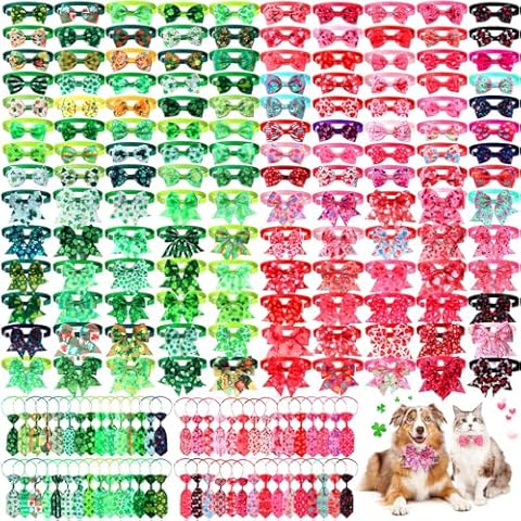 Clysee 200 Pcs Valentine's Day Dog Bow Ties St. Patrick's Day Dog Collars Set, Clover Lucky Pattern Dog Grooming Bowties and Neckties Dog Collar for Small Middle Dogs Pets Puppies Grooming Accessories Cover
