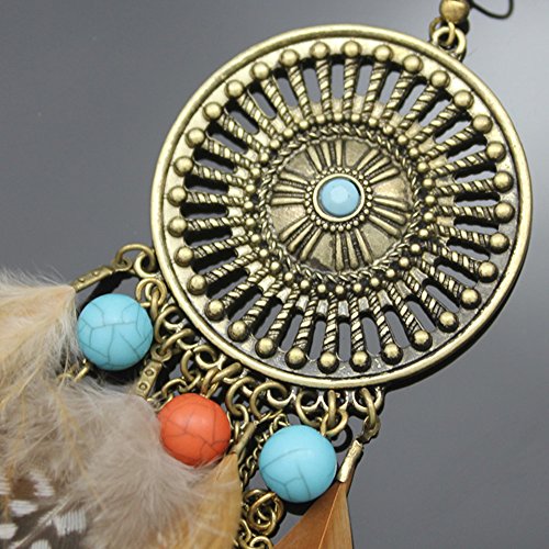 Rechicgu Brown And Vintage Gold Western Cowgirl Vintage Big Dream Catcher Feather Coral Turquoise Bead Style Moon Hoop Drop Earrings #TOP4
