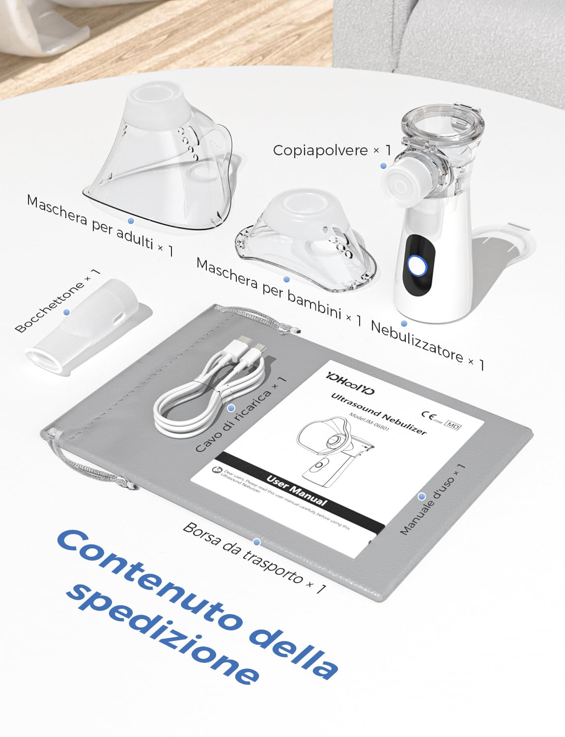 YOHOOLYO Aerosol Portatile Silenzioso Nebulizzatore 26dB, 2 Modalità, Ricarica USB-C con Autopulizia, Include 2 Maschere e Boccaglio per Adulti e Bambini, Leggero, per Viaggi e Uso Domestico