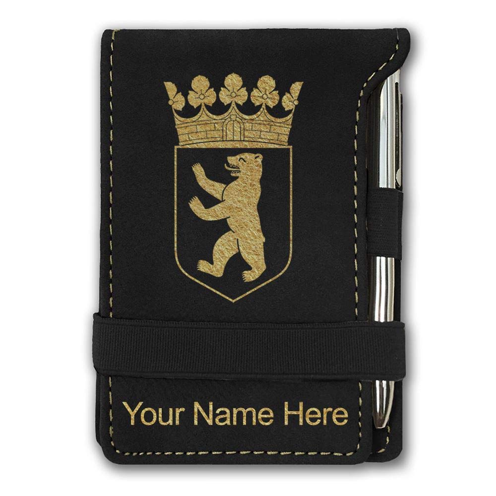 LaserGramMini Padfolio with Notepad and Pen, Coat of Arms Berlin, Personalized Engraving Included (Black with Gold)