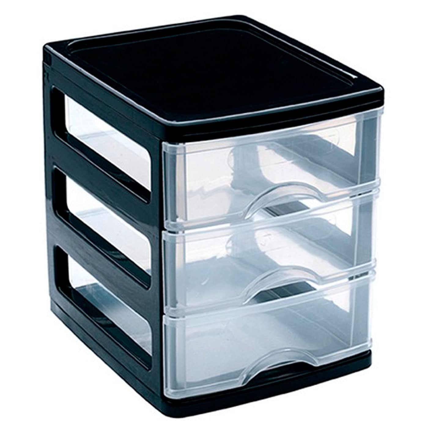 Acan Plastic Forte - Cajonera de plástico Turia, 3 cajones transparentes, torre almacenaje, sobremesa, escritorio, baño, oficina (Negro, 17 x 13,5 x 17 cm)
