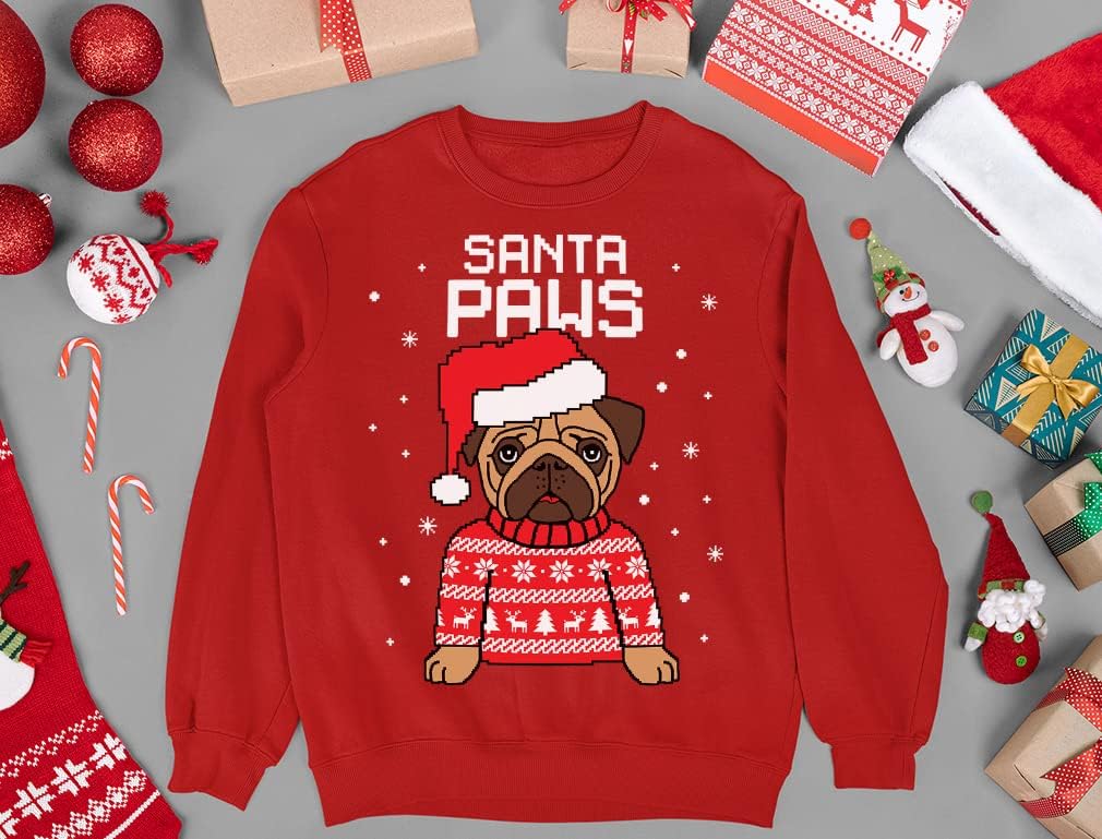 Tstars Santa Paws Pug Ugly Christmas Sweater Kids Sweatshirt Dog Long Sleeve T-Shirt 5T Red