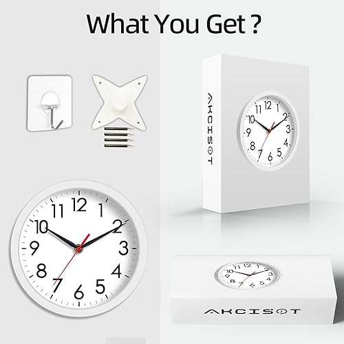 Miniatura 7 de AKCISOT Reloj de pared, moderno y pequeño, funciona con pilas, de 8 pulgadas, silencioso, analógico, clásico, para oficina, hogar, baño, cocina