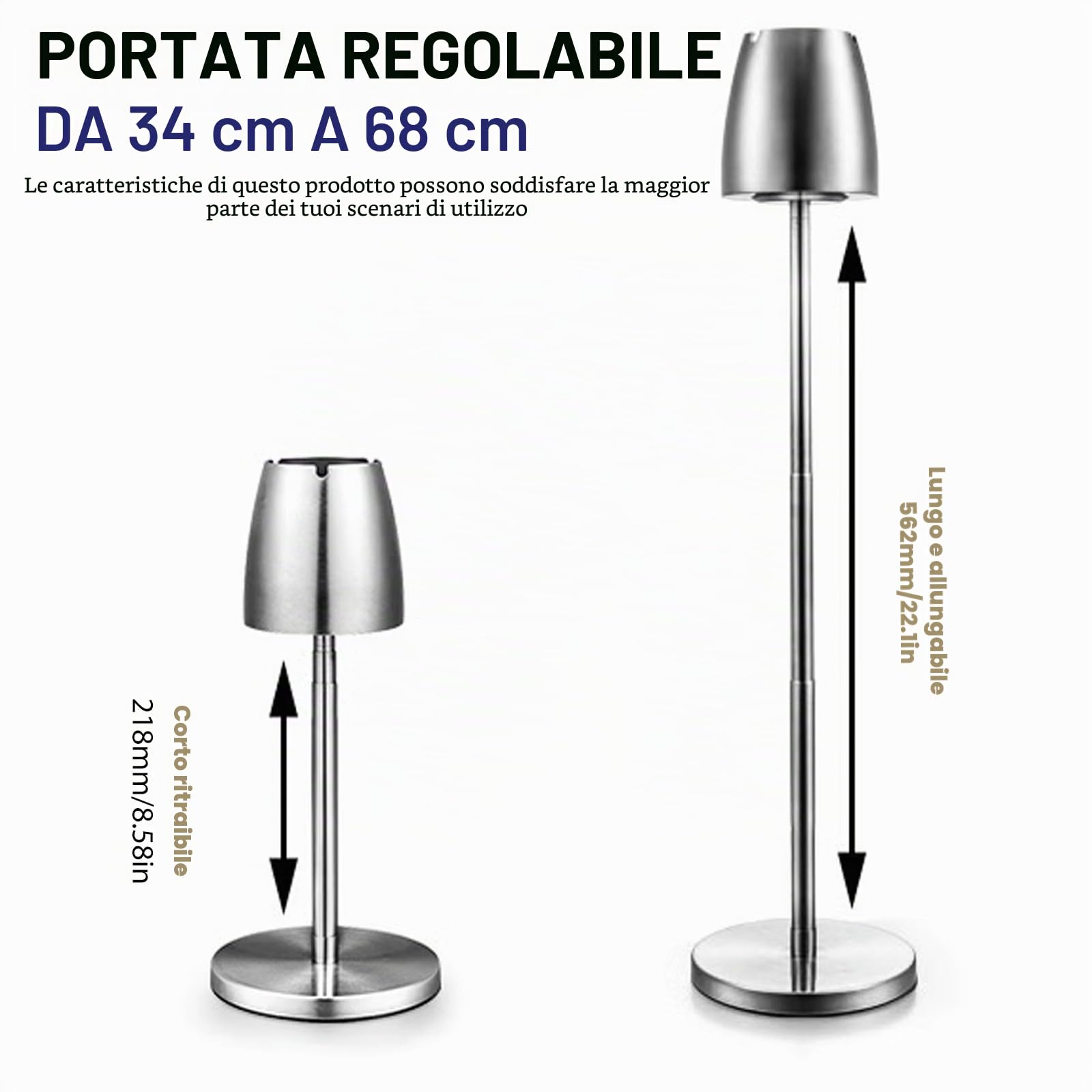 Posacenere da terra regolabile in acciaio inox: per esterni, allungabile in altezza 34-68 cm, posacenere da terra regolabile con coperchio e fondo antiscivolo, argento