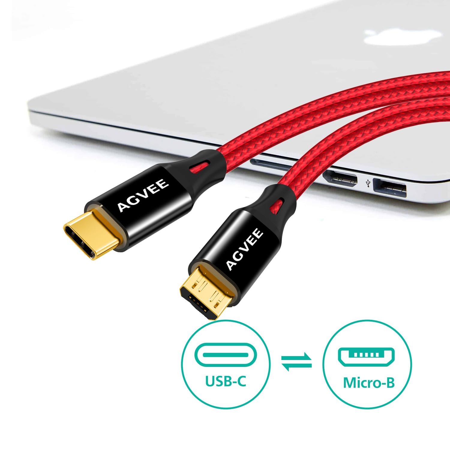AGVEE 2 cables USB USB-C a Micro USB, 2 m, terminales dorados, cable de sincronización de datos para dispositivos micro USB, PS4, Kindle, teléfono Android, rojo