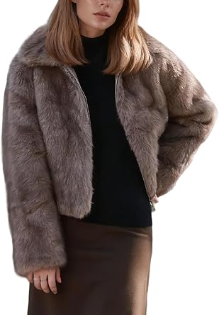 Womens Faux Fur Cropped Jacket Warm Fluffy Shaggy Coat