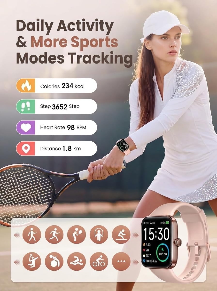 SKG Smart Watch for Women, Fitness Tracker with 5ATM Swimming Waterproof, Sleep Monitor, 1.7'' Touch Screen Smartwatch Fitness Watch for Android-iPhone iOS,V7 Pink