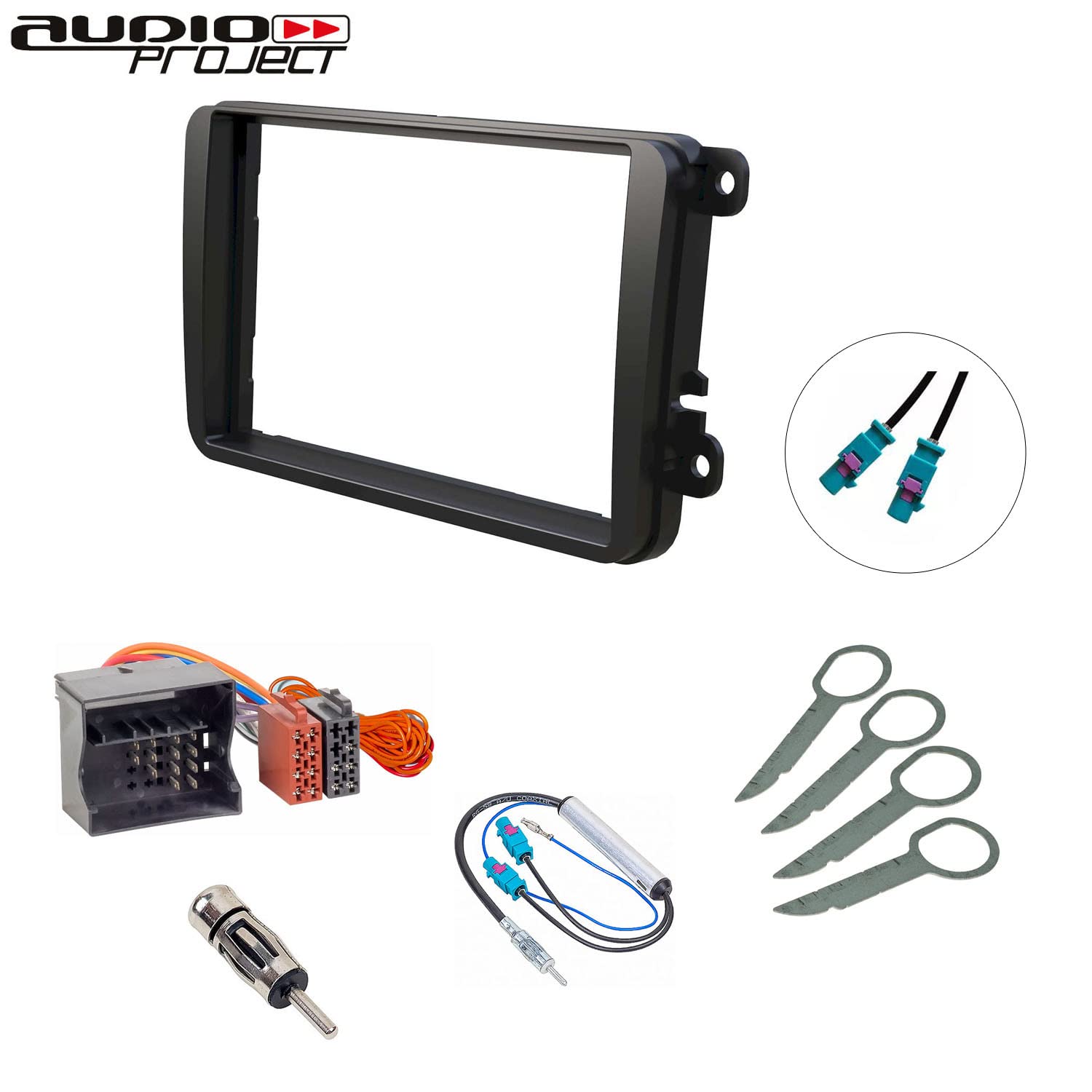 Audioproject A358 - Autoradio Einbau-Set kompatibel für VW Golf 5 6 Touran Skoda Seat Radioblende Doppel DIN ISO Radio Blende Radioadapter Doppel Fakra Antennenadapter Entriegelung Antennen Diversity