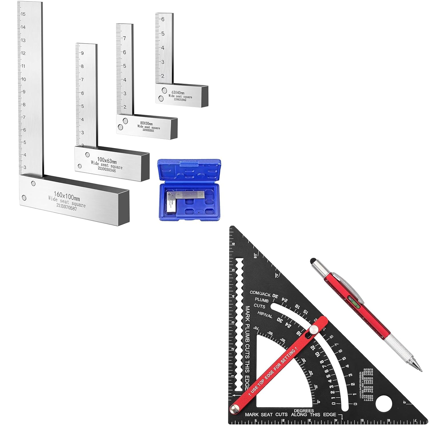 Pro Layout Kit: 4-Pc Steel Machinist Squares 2-6" & 7" Aluminum Carpenter Square, 90° Precision, Adjustable Triangle & Marking Pen, Wood & Metal Layout