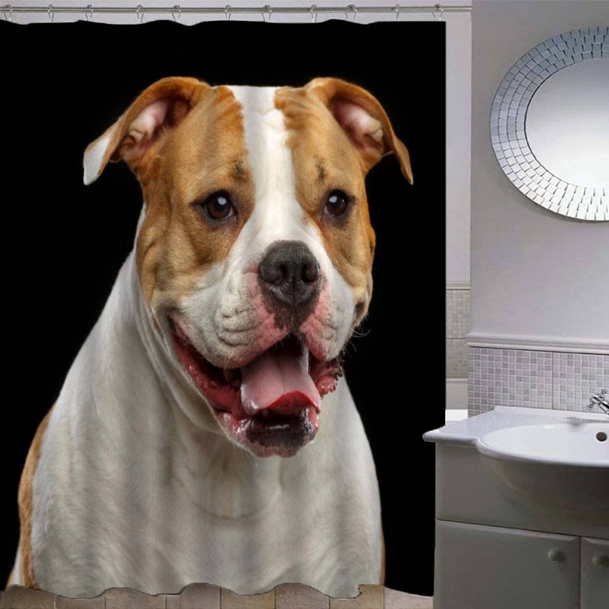 3D Printed American Bulldog Animal Dog Shower Curtains with 12 Hooks, Green Black Grey White Weighted Shower Curtain 200x200 Art Deco Luxury Shower Curtain with Eyelets