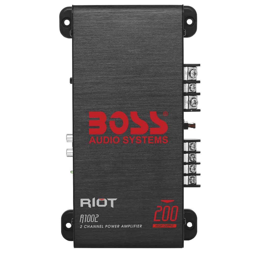 KIT SET amplificatore PER BOSS AUDIO SYSTEMS RIOT R1002 1 amplificatore stereofonico 2 canali, full-range, 200 watt max, classe a/b, per auto, 1 pezzo + cavo high level e fusibile omaggio