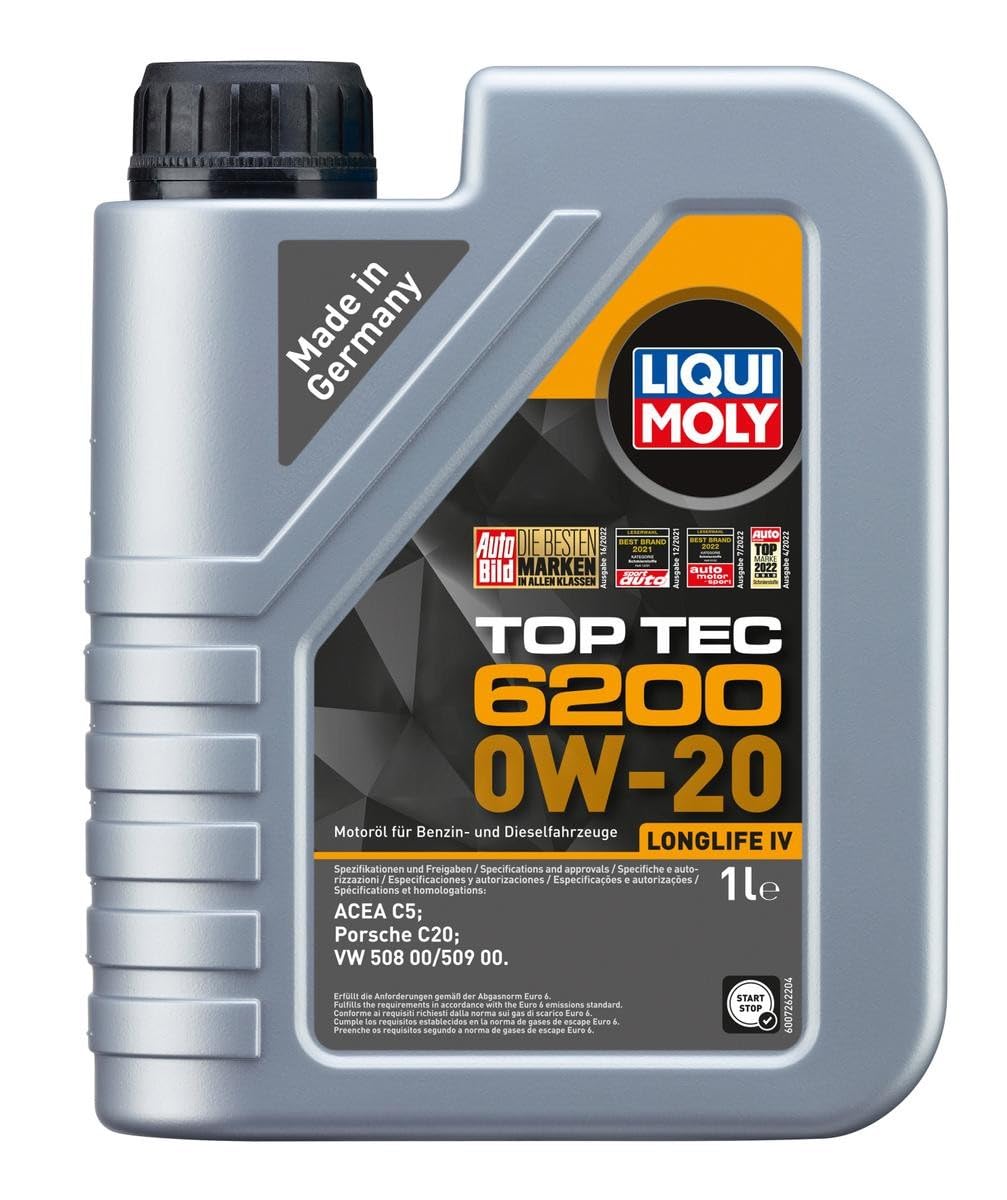 LIQUI MOLY Motoröl 0W-20 Top Tec Motor Öl ACEA C5 6200 4L Kompatibel mit VW Golf 7 Schrägheck 5G1, BQ1, BE1, BE2 Polo Schrägheck 6R1, 6C1 Passat Variant 3G5, CB5, AUDI A6 Avant 4G5, 4GD, C7, SKODA