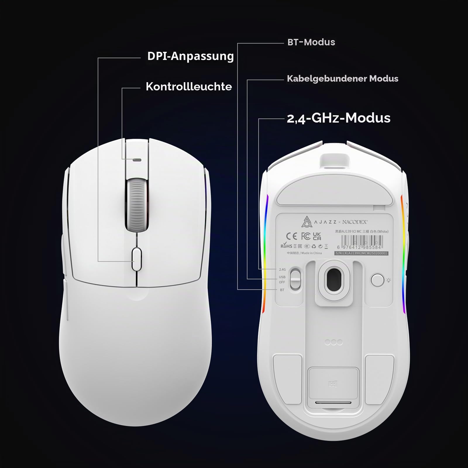 AJAZZ AJ139 V2 MC Wireless Gaming Mouse, PAW3311 Sensor, 24K DPI, 2.4G/USB-C/BT, 66g, White