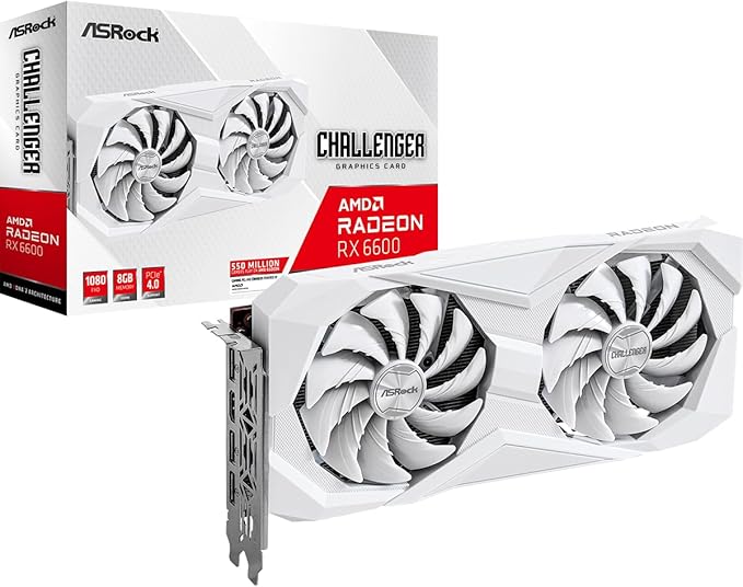 Imagem do produto ASRock Placa gráfica AMD Radeon RX 6600 Challenger branca 8GB GDDR6 0dB resfriamento silencioso 128-bit 7680 x 4320 DisplayPort HDMI 14 Gbps Dual Fan 7nm