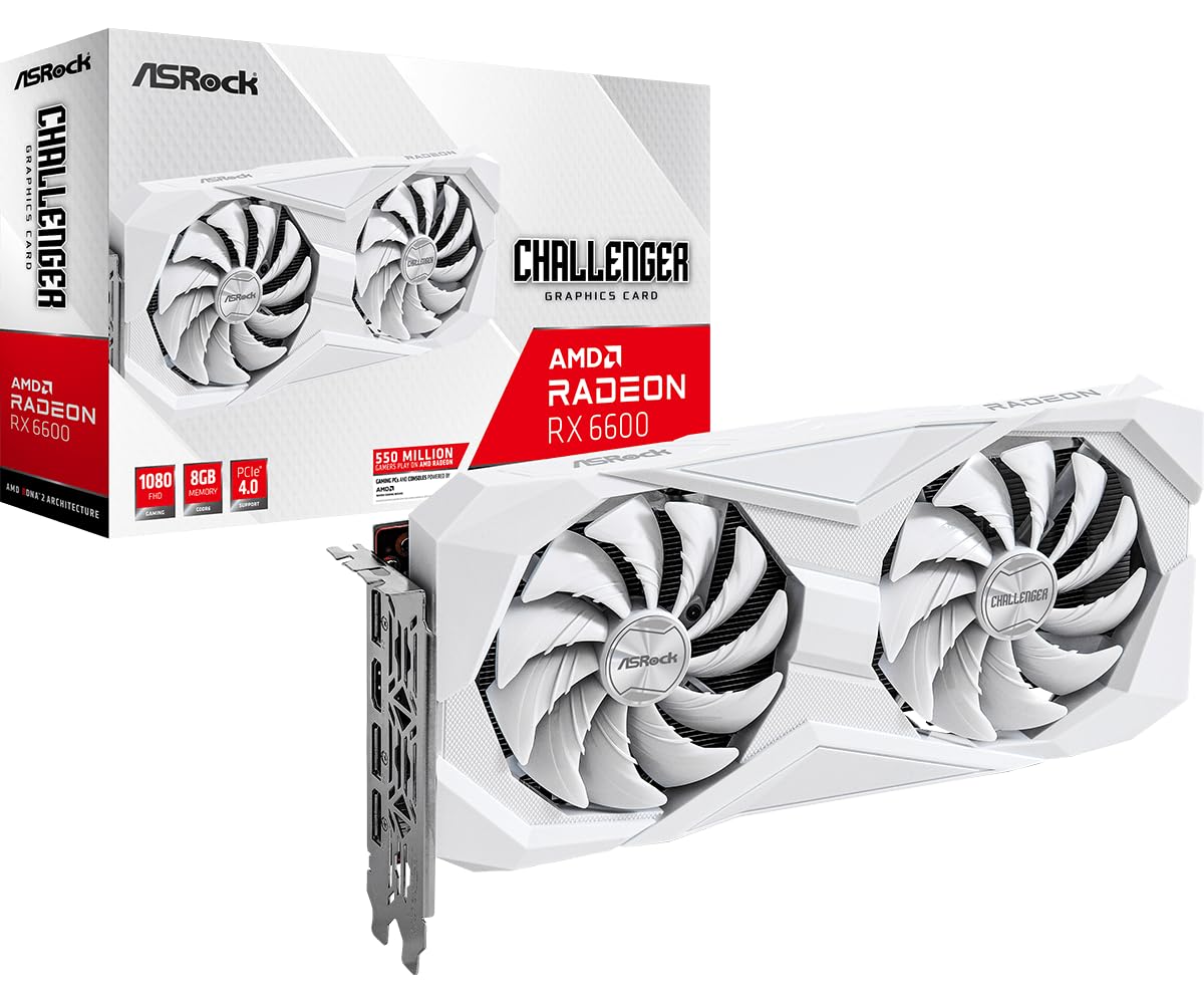 ASRock AMD Radeon Rx 6600 Challenger White 8Gb Gddr6 Graphics Card Pci_E_X4 0Db Silent Cooling 128-Bit 7680 X 4320 Displayport Hdmi 14 Gbps Dual Fan 7Nm