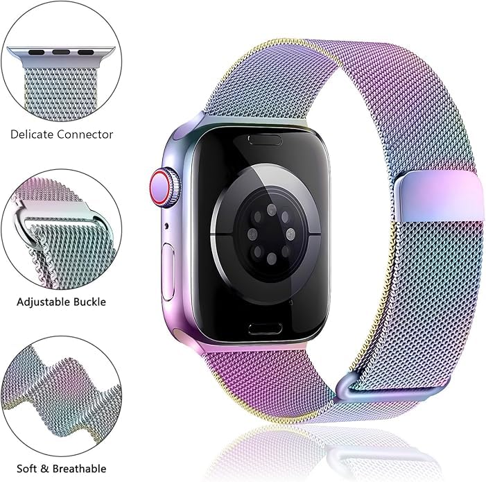 Image of Meyaar Magnetic Loop for Apple Watch Band 46mm 42mm 44mm 45mm 49mm Women Men,Magnet Stainless Steel Mesh Metal Strap for iWatch Ultra /2 Series 10 9 8 7 6 5 4,SE /2nd Generation (Rainbow-Gold)