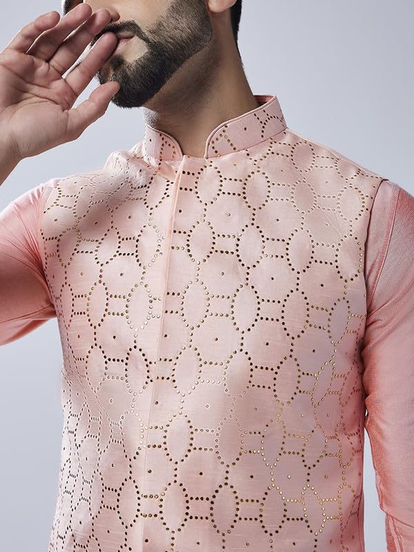 Image of KISAH Men Printed Kurta Jacket Set, Full Sleaves, Knee Length, Straight, Regular Fit, Mandarin Collar Ethnic Wear