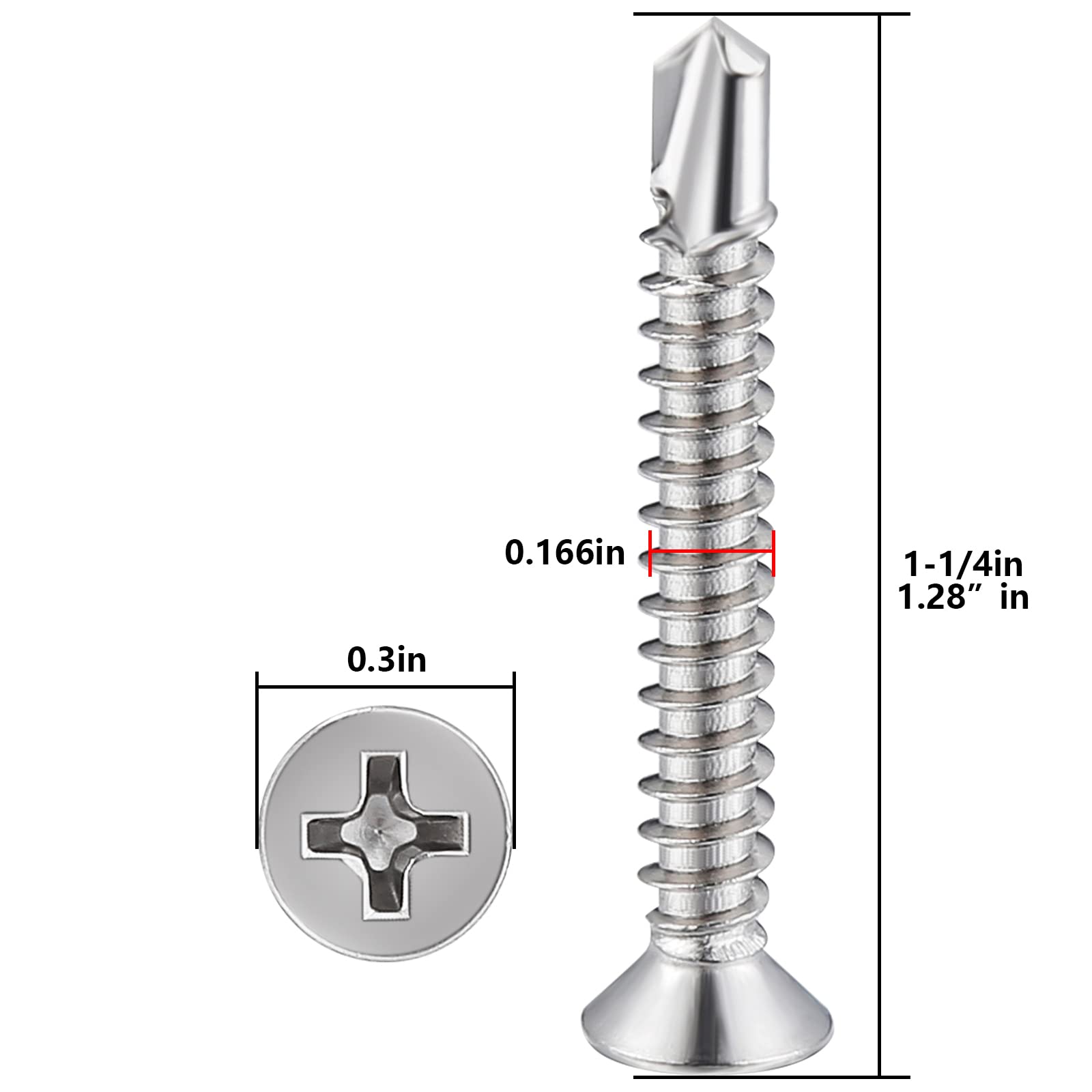 Wensilon?250pcs?#8×1-1/4”for Sheet Metal Self-Tapping Screws 410 Stainless Steel Flat Head High-Strength Quick self-Drilling Screws