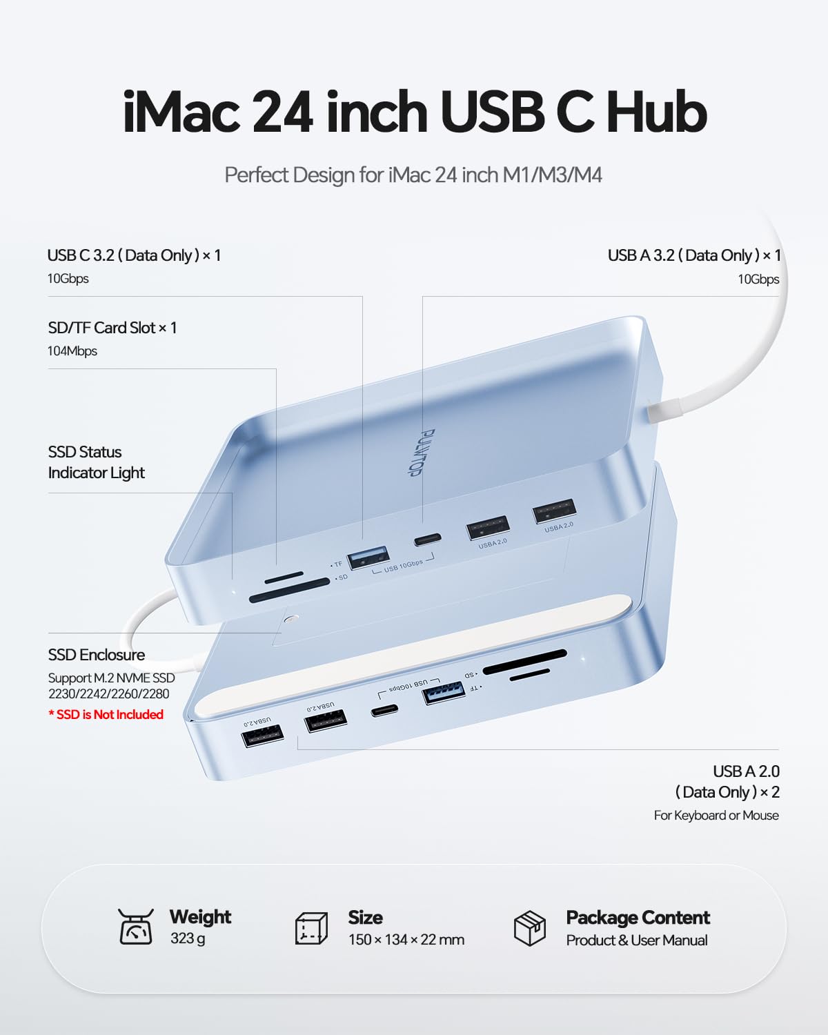 USB C HUB do iMac 24" 2021/2023/2024,7 W 1 koncentrator USB do iMac M1/M3/M4, akcesoria iMac z USB C 10 Gbps, 3 x USB A, czytnik kart SD/TF, obsługa rozszerzenia dysków SSD M.2 NVME (nie