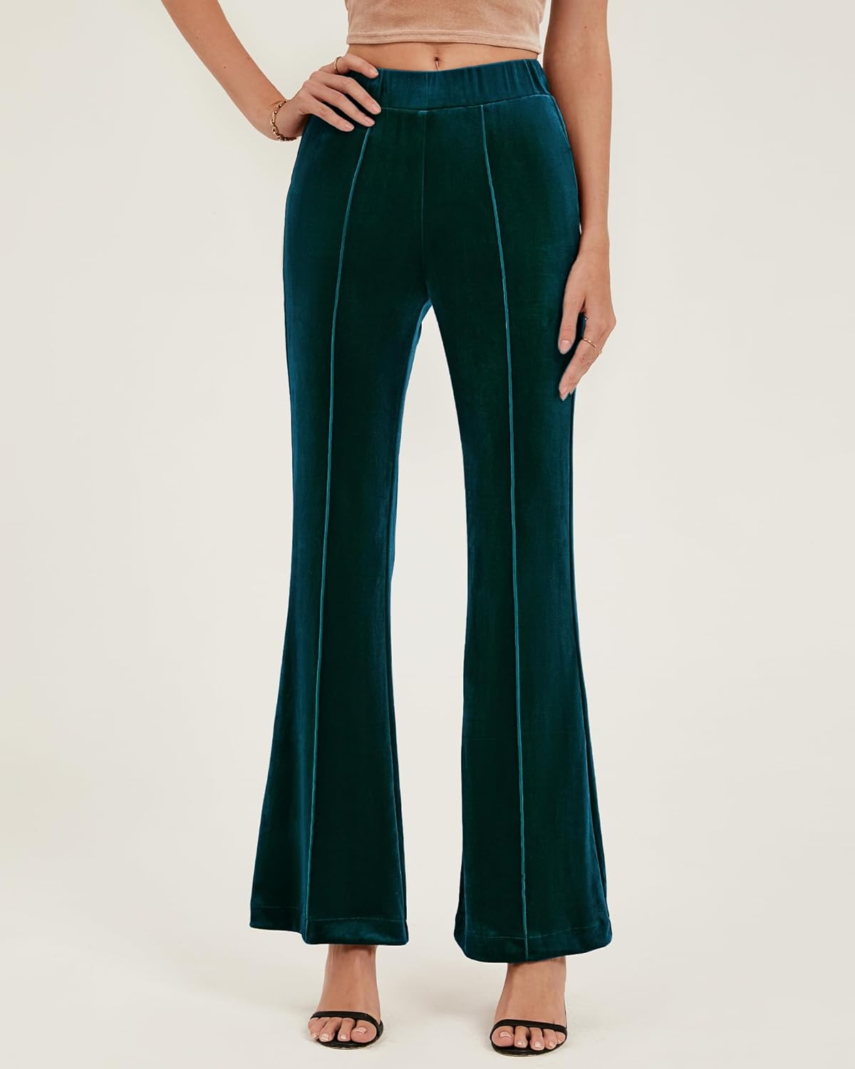 GRAPENT Flare Velvet Pants for Women High Waisted Wide Leg Stretch Elastic Waist Pull On Trousers Front Seam Slacks - Image 8